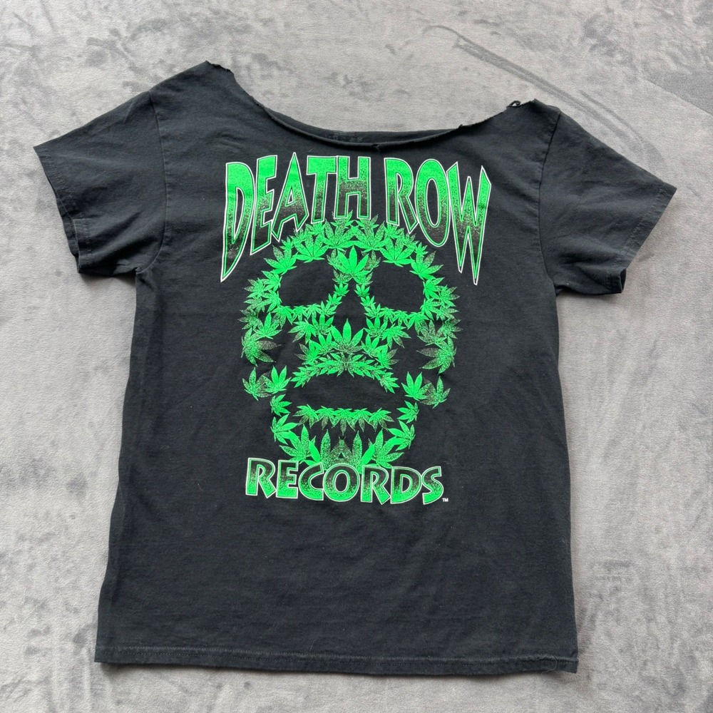 Death Row Records Graphic Tee Black Green Weed Leaf Skull Cut Neckline Shirt